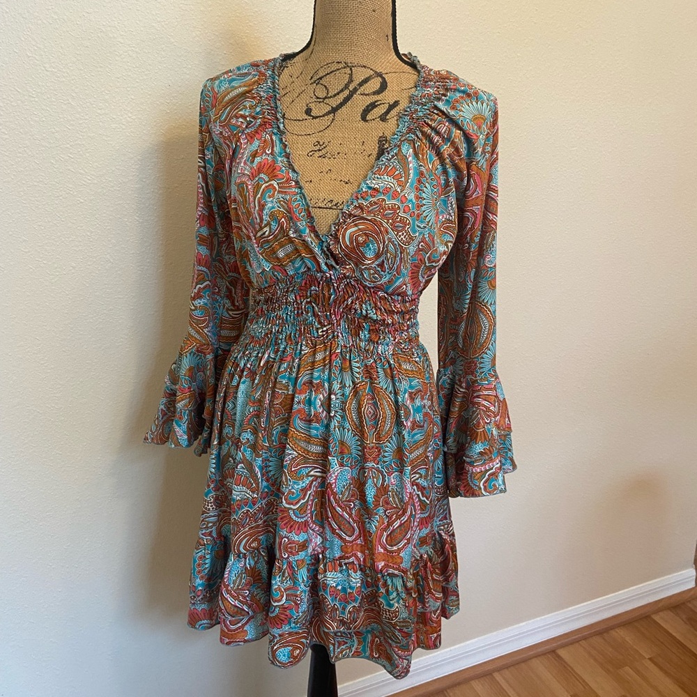 Boho Mini Dress With Trumpet Sleeves